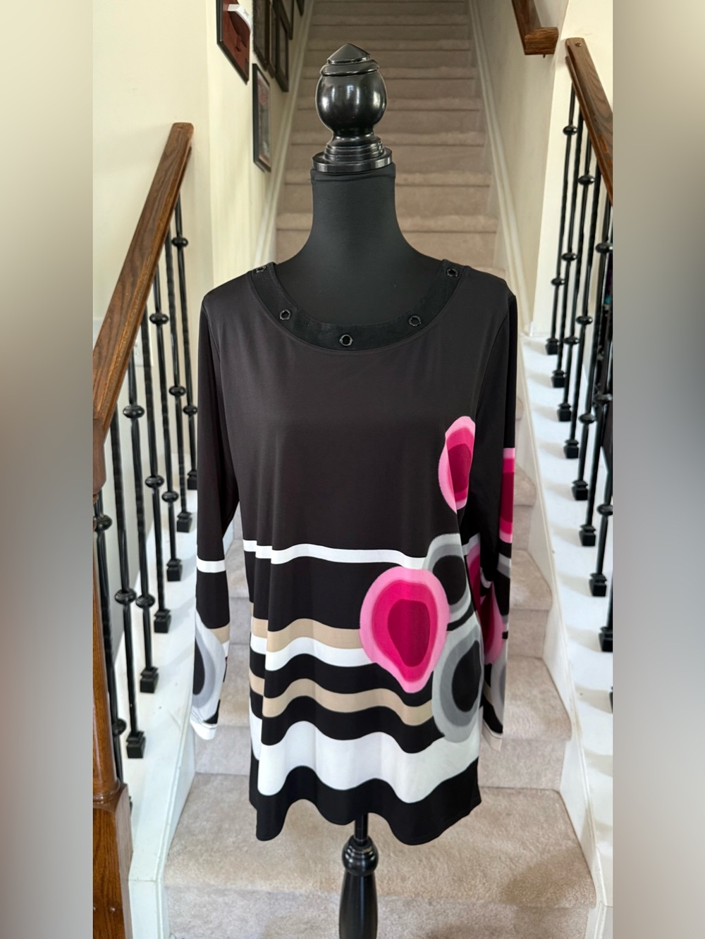 Black Tunic Top with Pink Graphic Circles